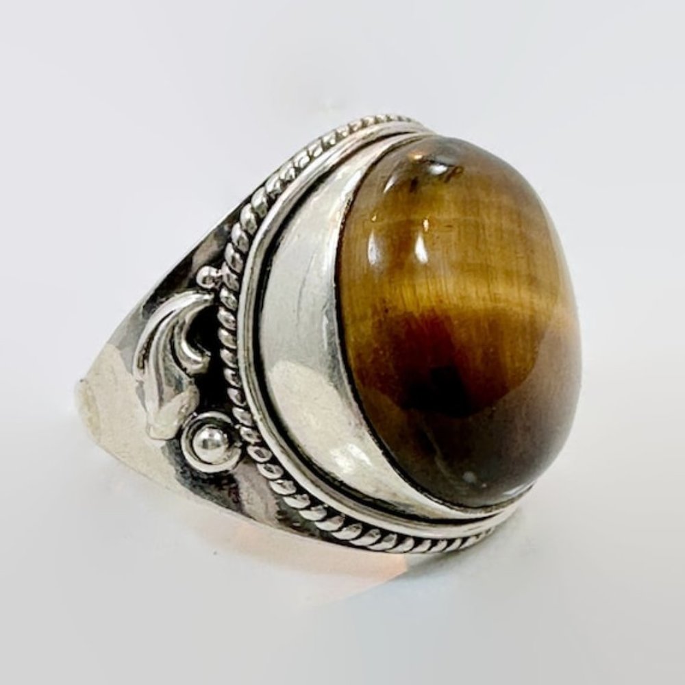 Tiger Eye Ring, Sterling Silver, Tiger's Eye Stone, Brown,Big Stone, Statement